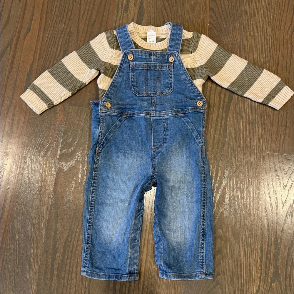 Carter’s Green & Cream Striped Sweater & Denim Overalls Set | 18M